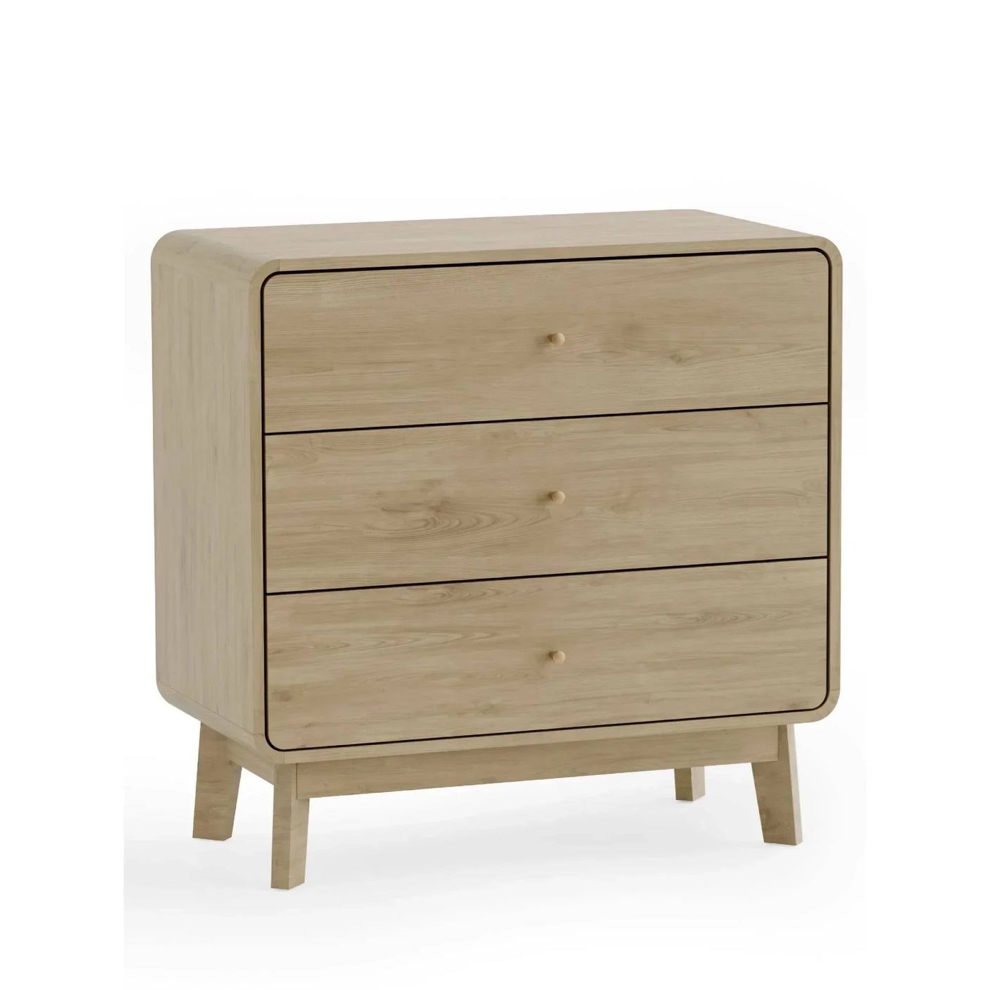 Light wood chest of drawers with three drawers and rounded corners, front view