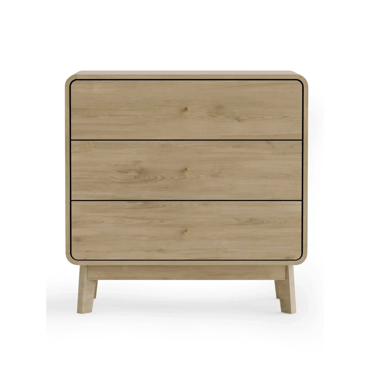 Light oak chest of drawers with three drawers and rounded corners on white background