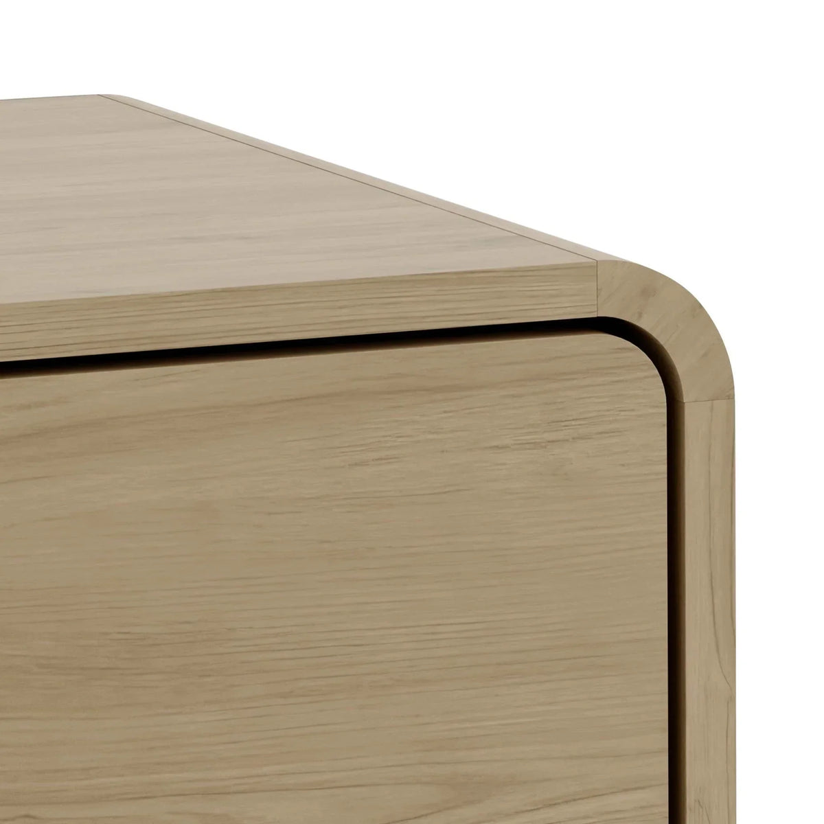 Close-up of light oak wood furniture corner with smooth rounded edge