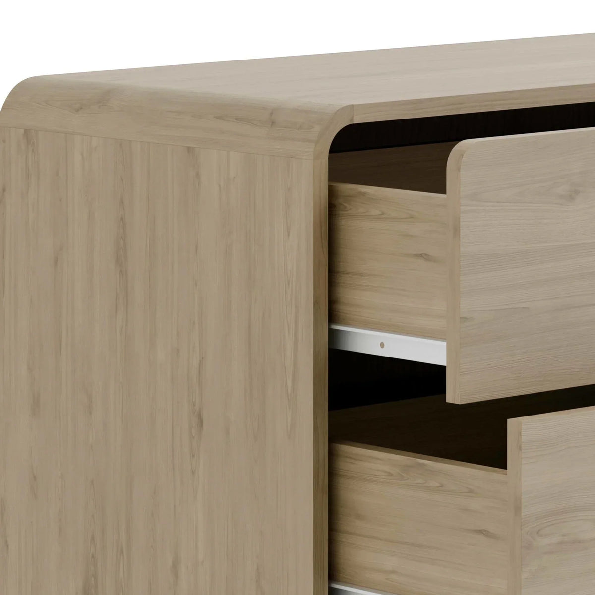Oak finish chest of drawers with curved corners and two open storage drawers