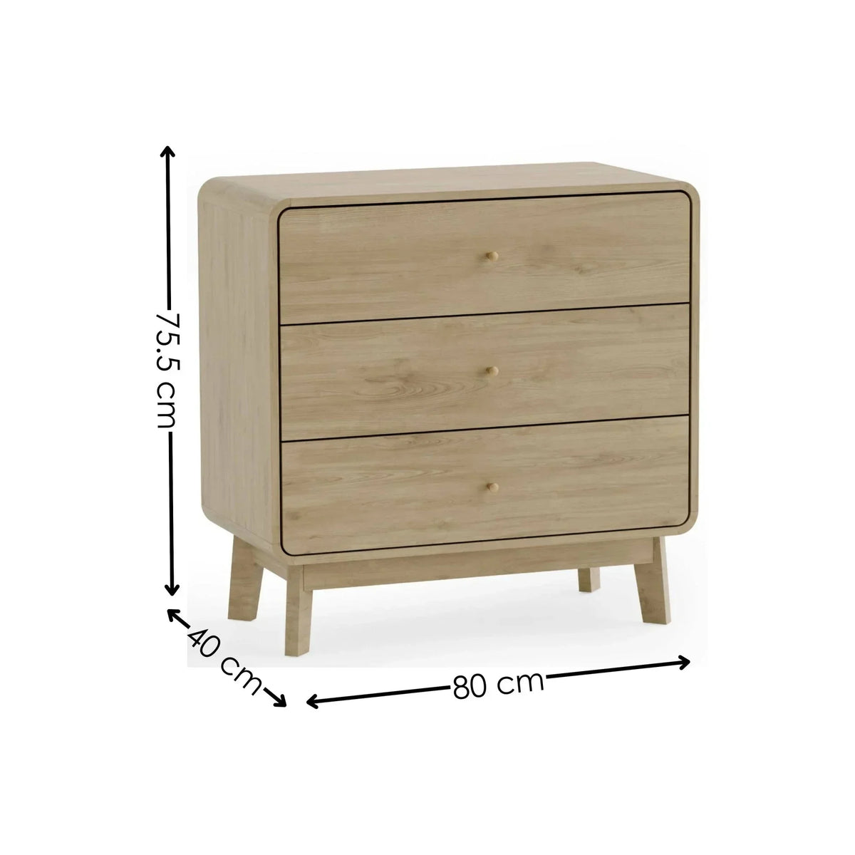 Light oak chest of drawers with three drawers, rounded edges, and size dimensions shown
