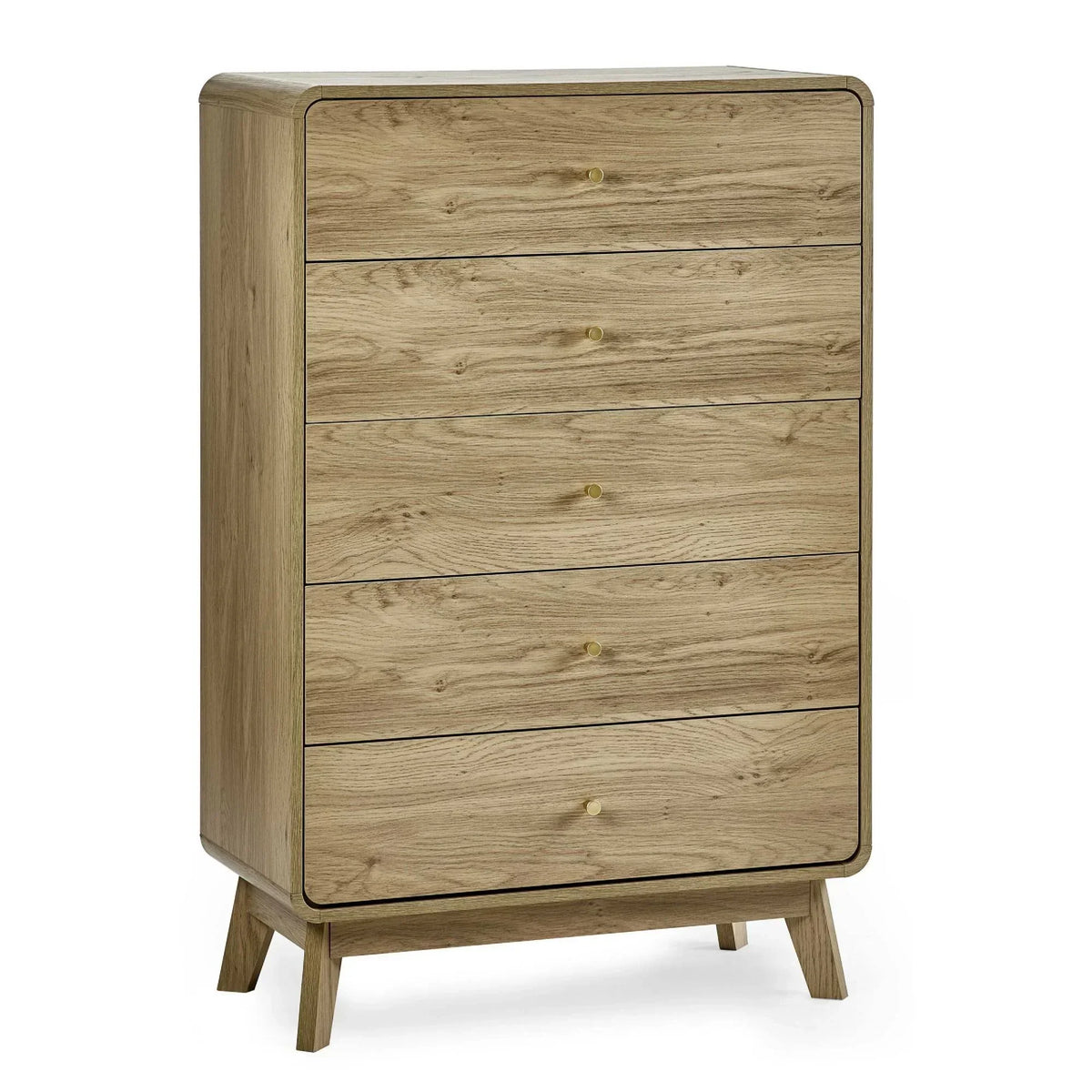 Oak five drawer chest with brass handles and angled legs, front and side view