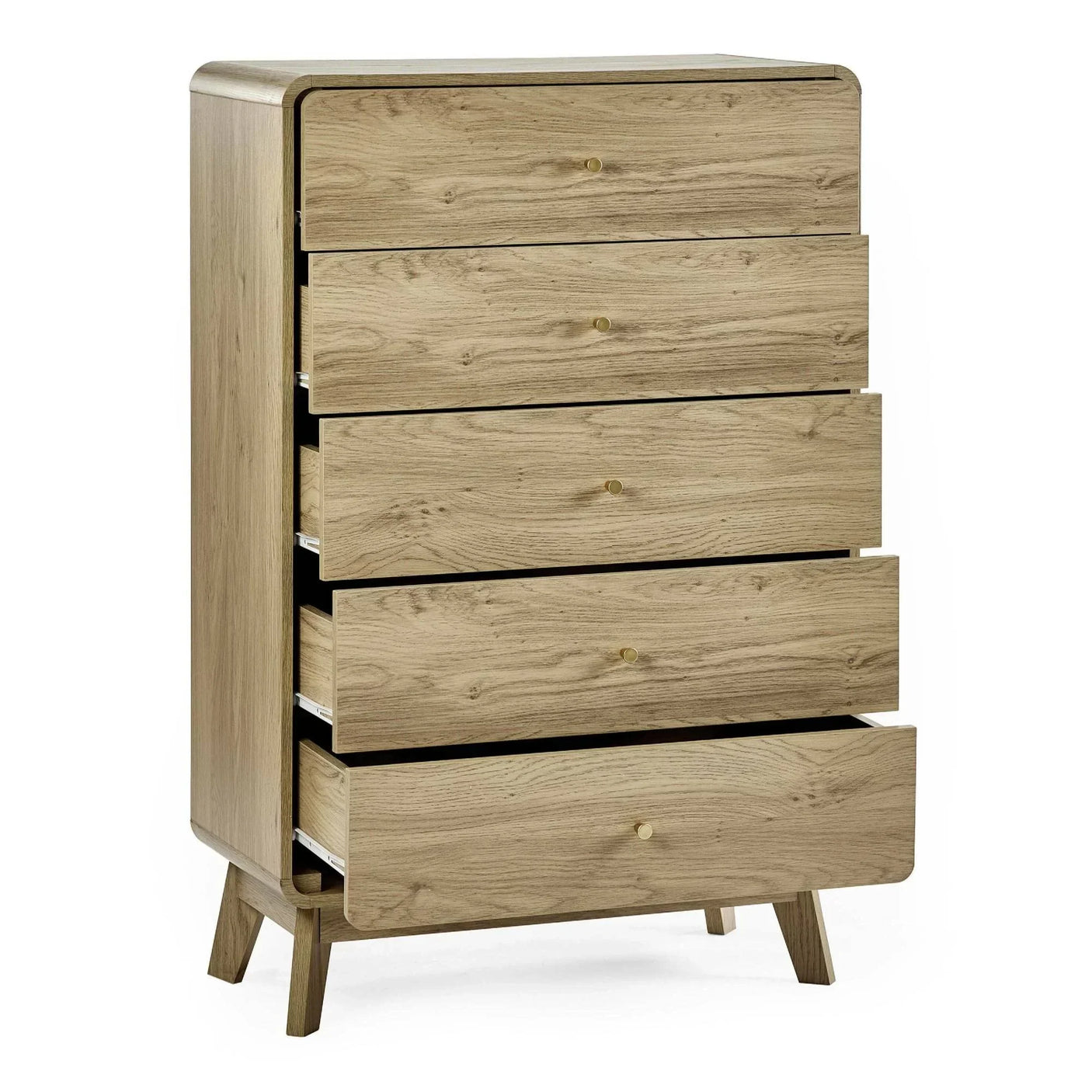 Oak chest of drawers with five drawers open, natural wood grain and round handles