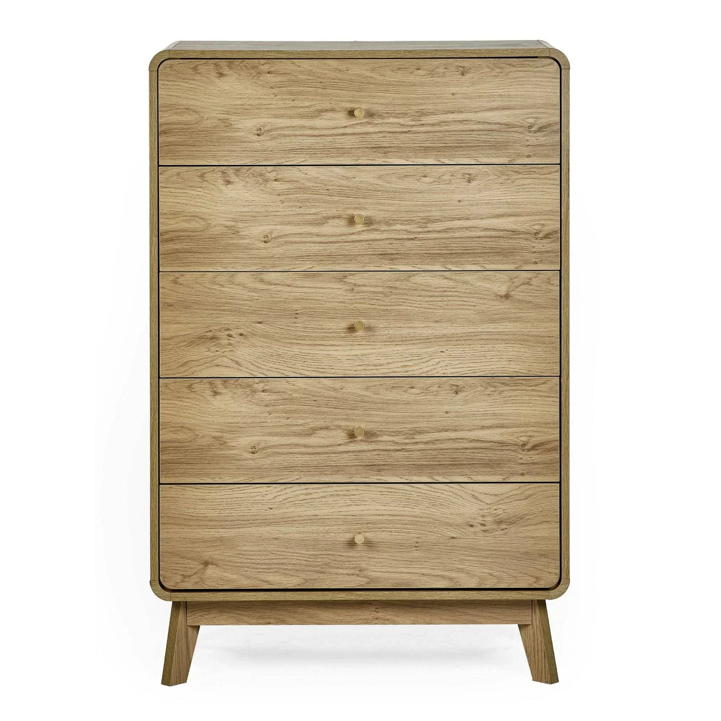 Oak chest of drawers with five handleless drawers and rounded edges on angled legs