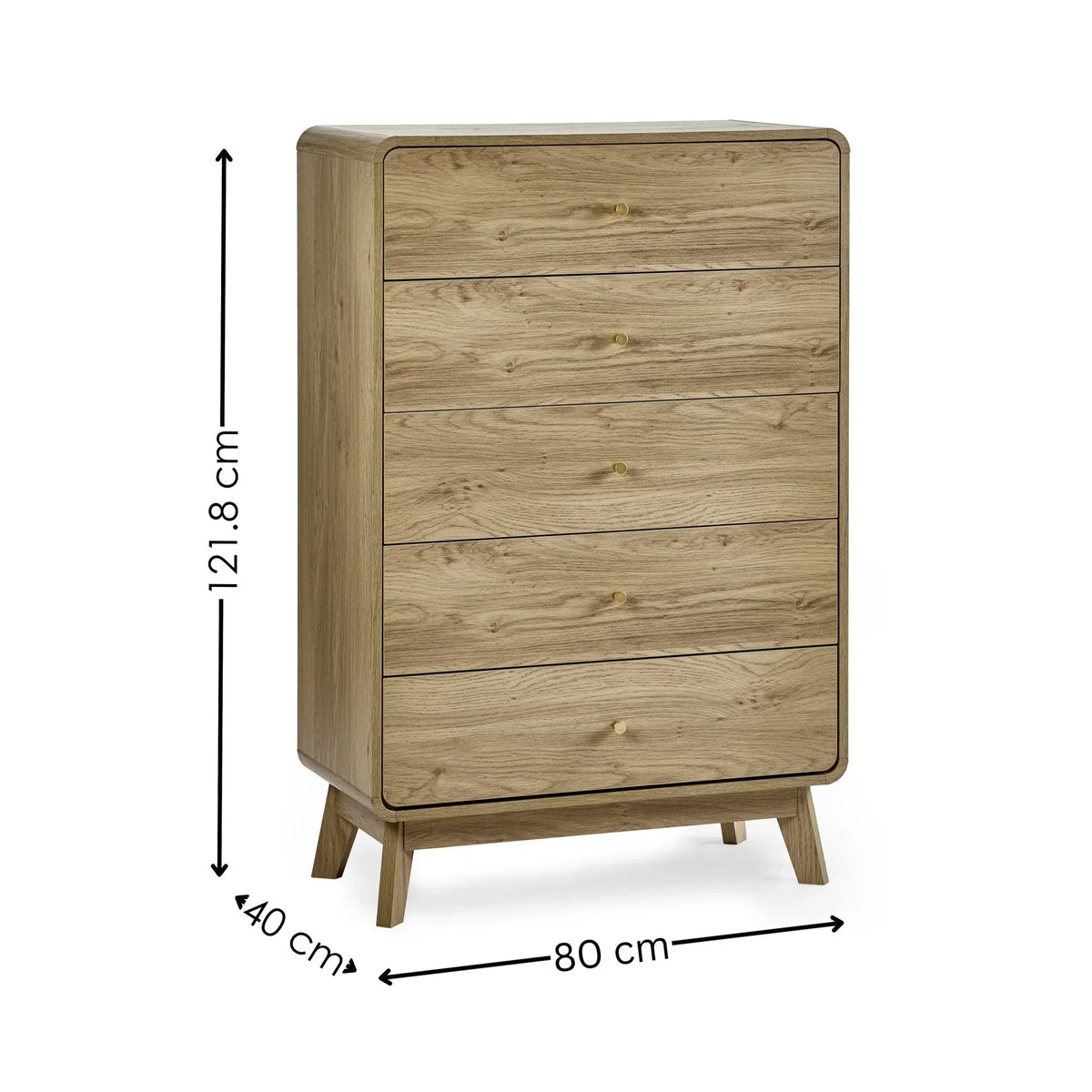 Tall oak chest of drawers with five handles, rounded corners, and dimensions marked 121x80x40 cm