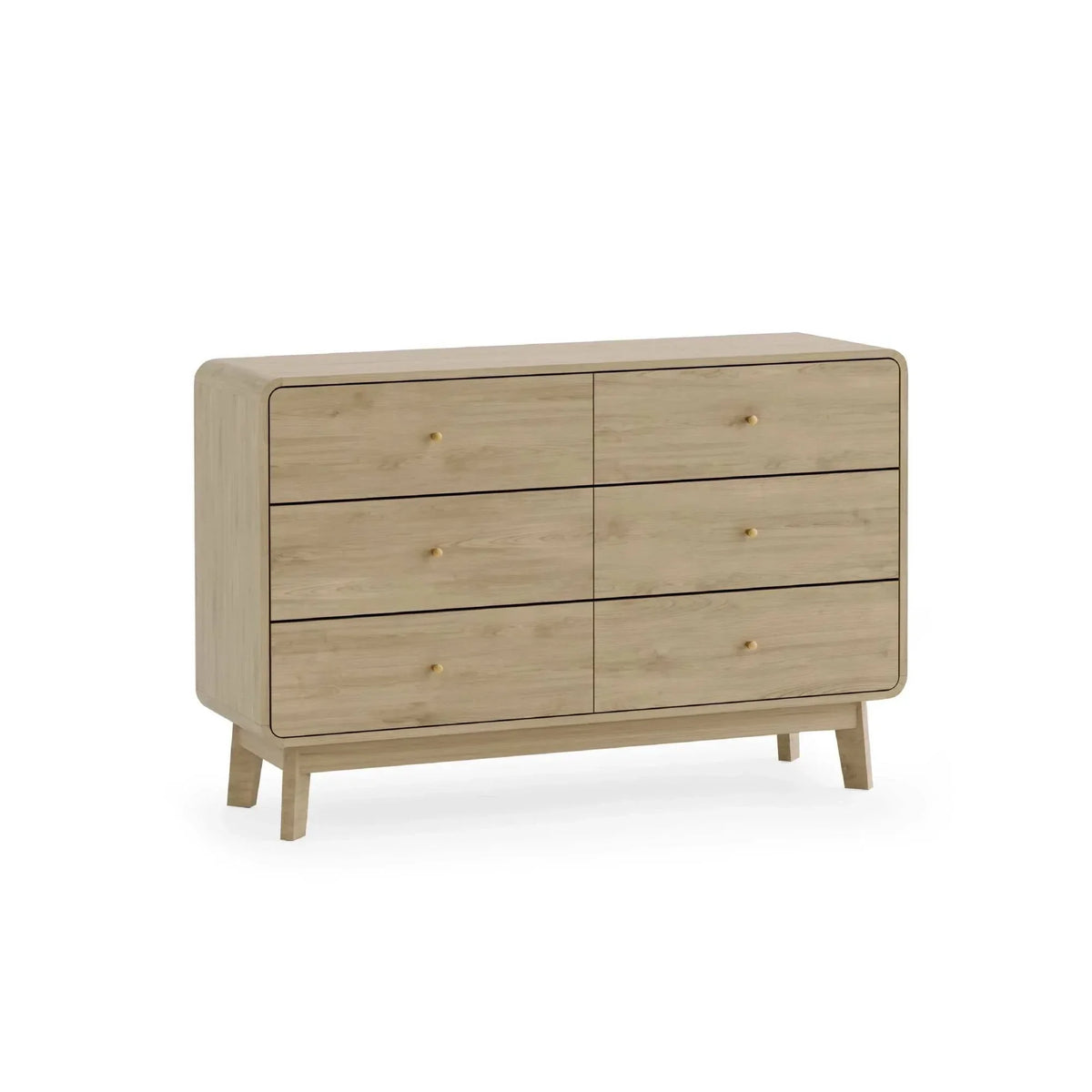 Light wood chest of drawers with six drawers and round knobs, angled front view