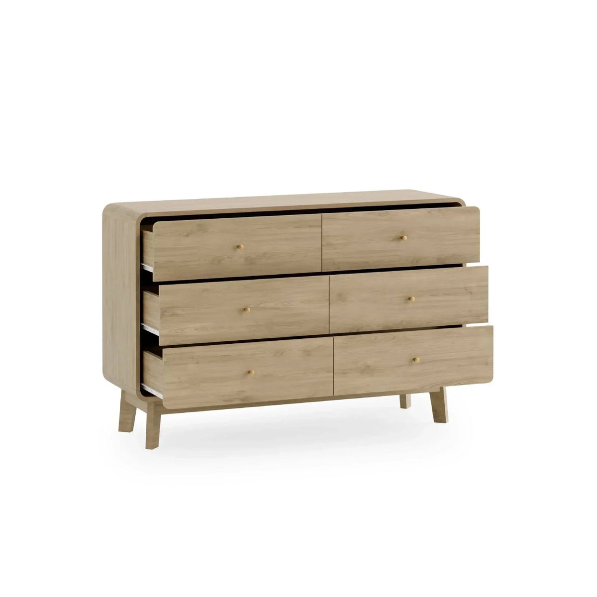 Light wood chest of drawers with six drawers partially open on angled legs