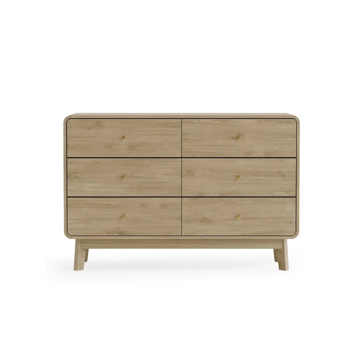 Light wood chest of drawers with six drawers and rounded edges, front view