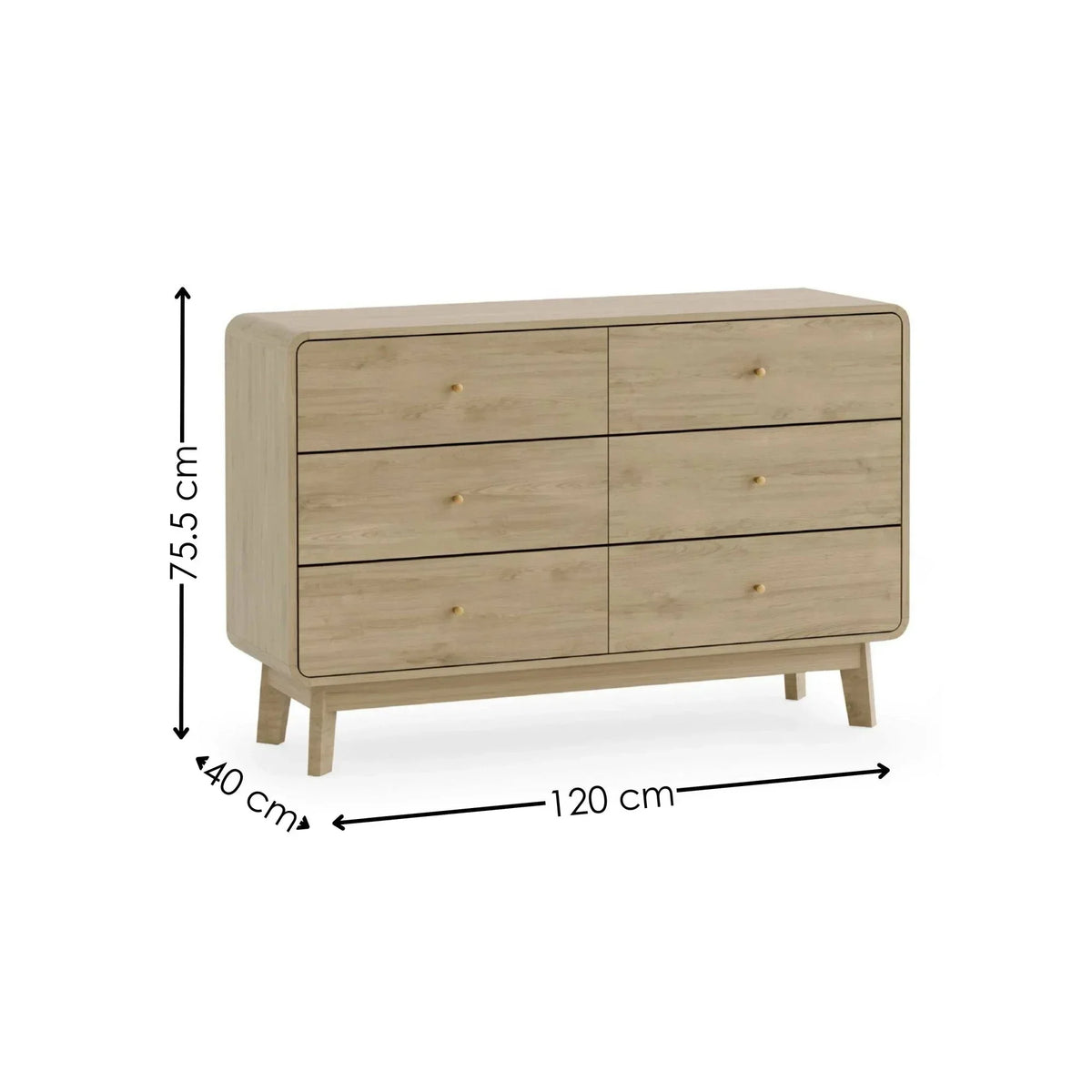 Light wood chest of drawers with six drawers, gold knobs, and displayed dimensions