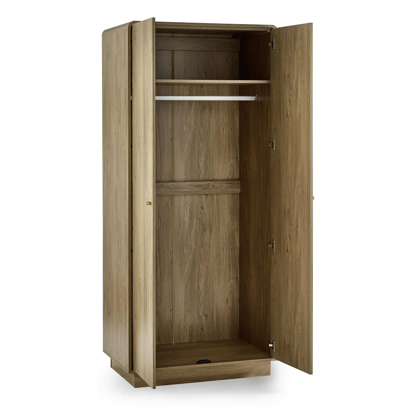 Oak wardrobe with open doors, hanging rail and top storage shelf, front angle view