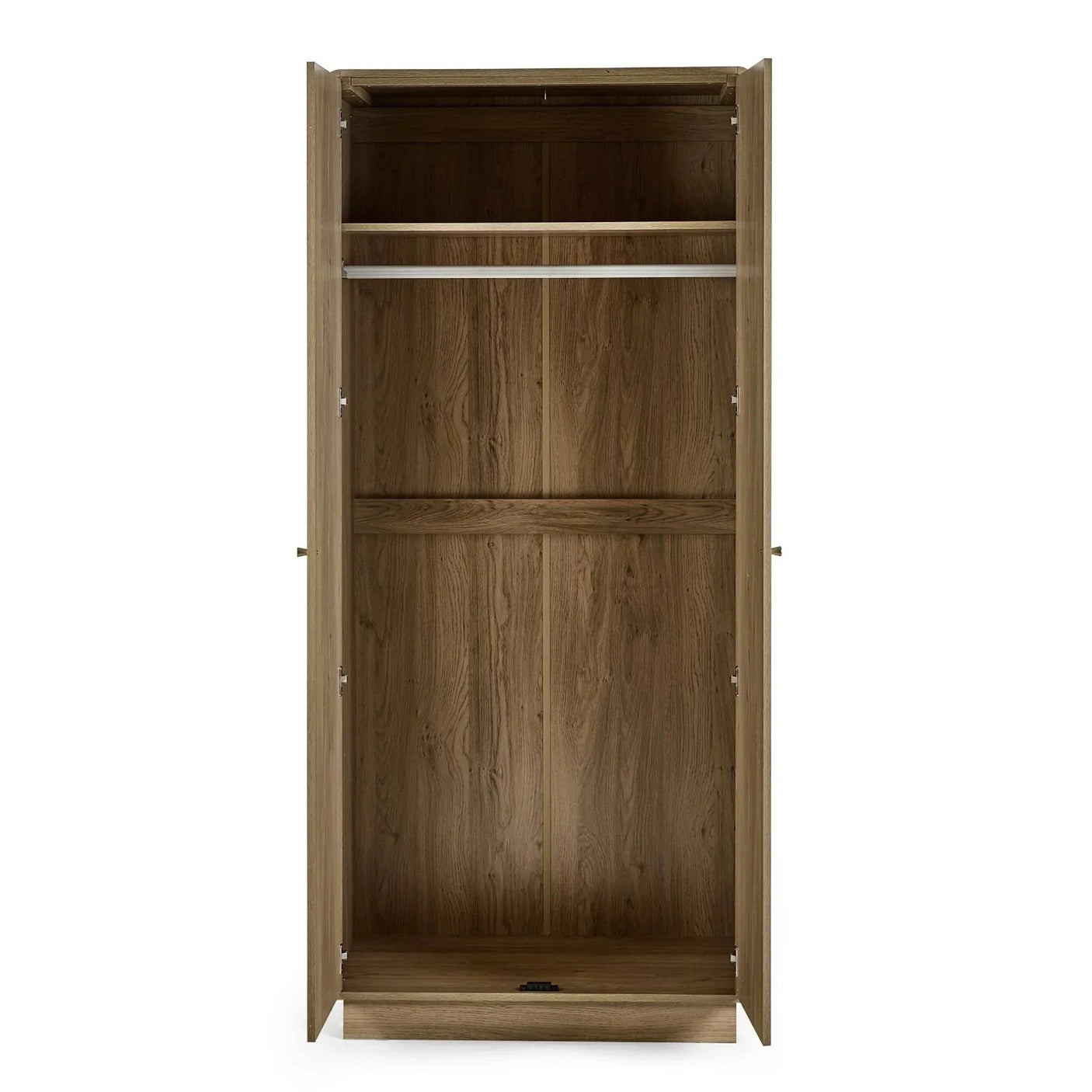 Oak wood wardrobe with open doors, hanging rail and shelf, front view