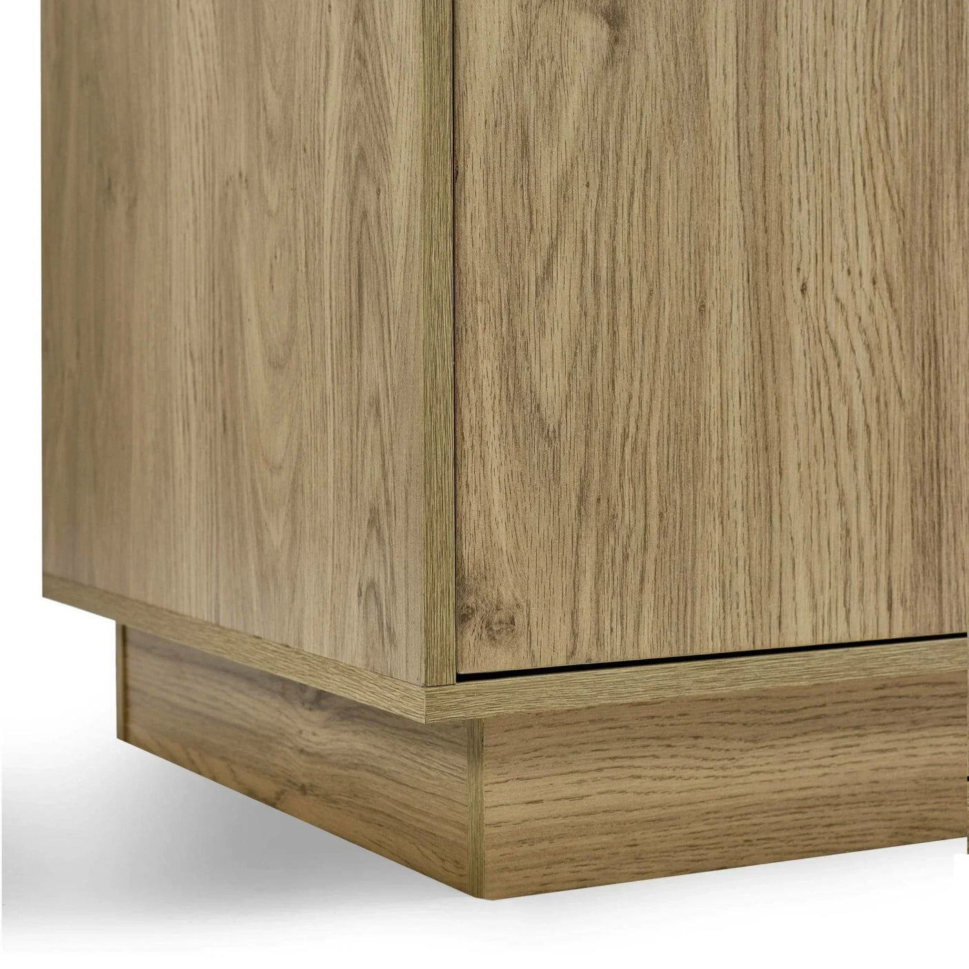 Close up of oak wood cabinet base showing natural grain and modern edge design