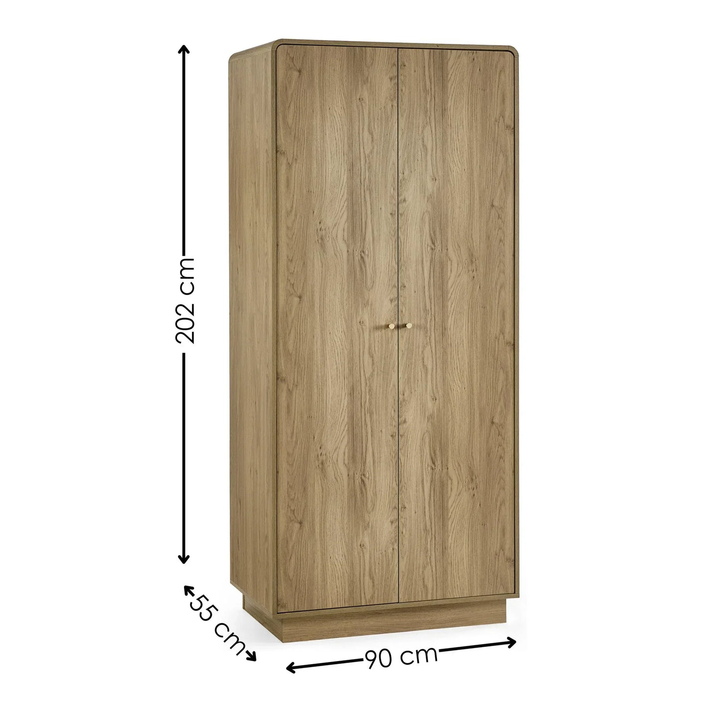 Light oak wardrobe with double doors, gold handles, and size dimensions shown