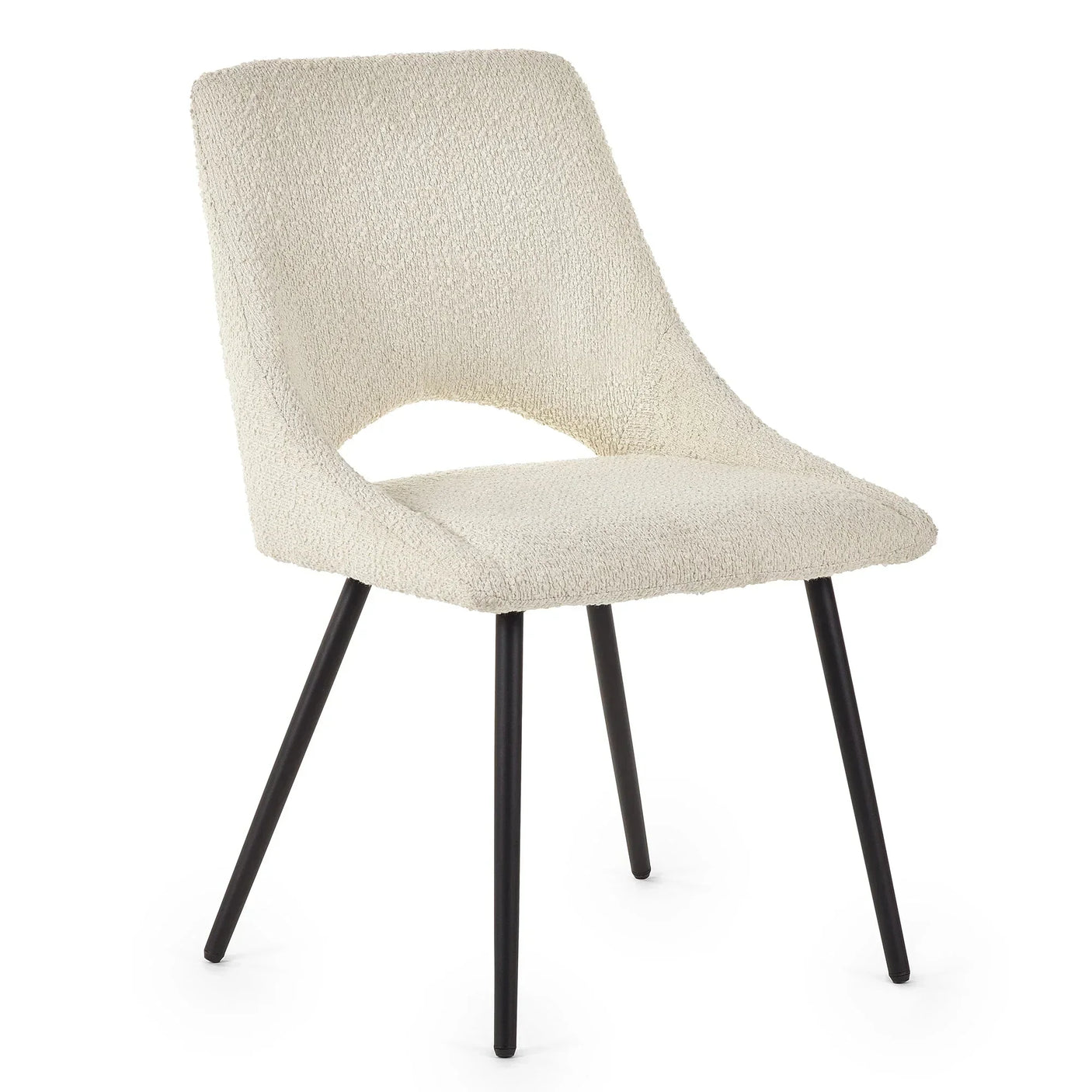 Cream boucle dining chair with curved backrest and black metal legs on white background