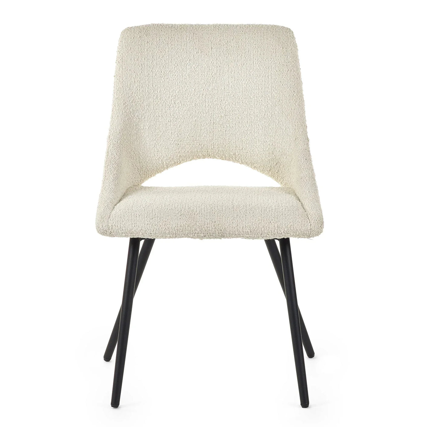 Cream boucle dining chair with black legs, front view, curved backrest with lower cut-out