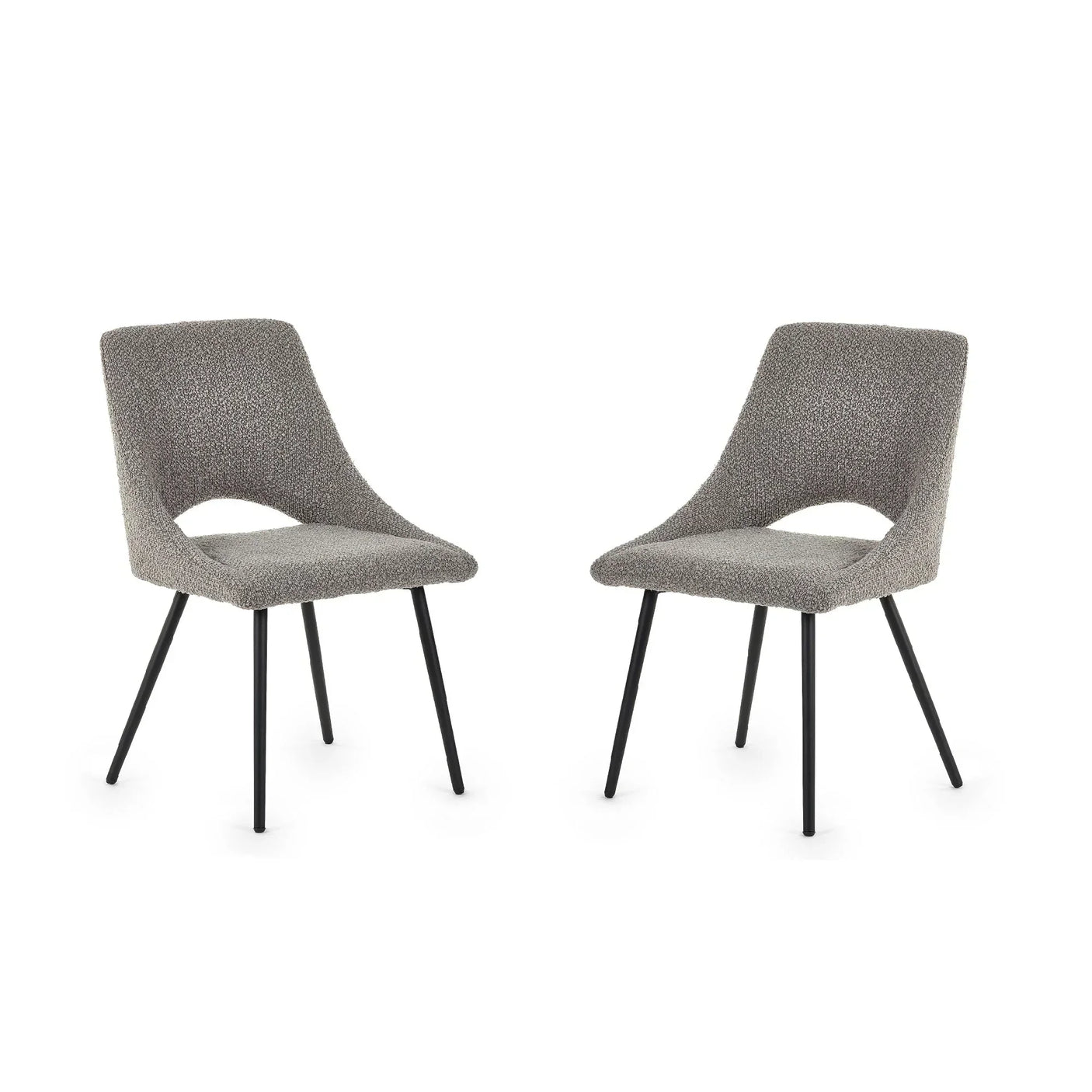 Pair of grey boucle dining chairs with black metal legs and curved backrest