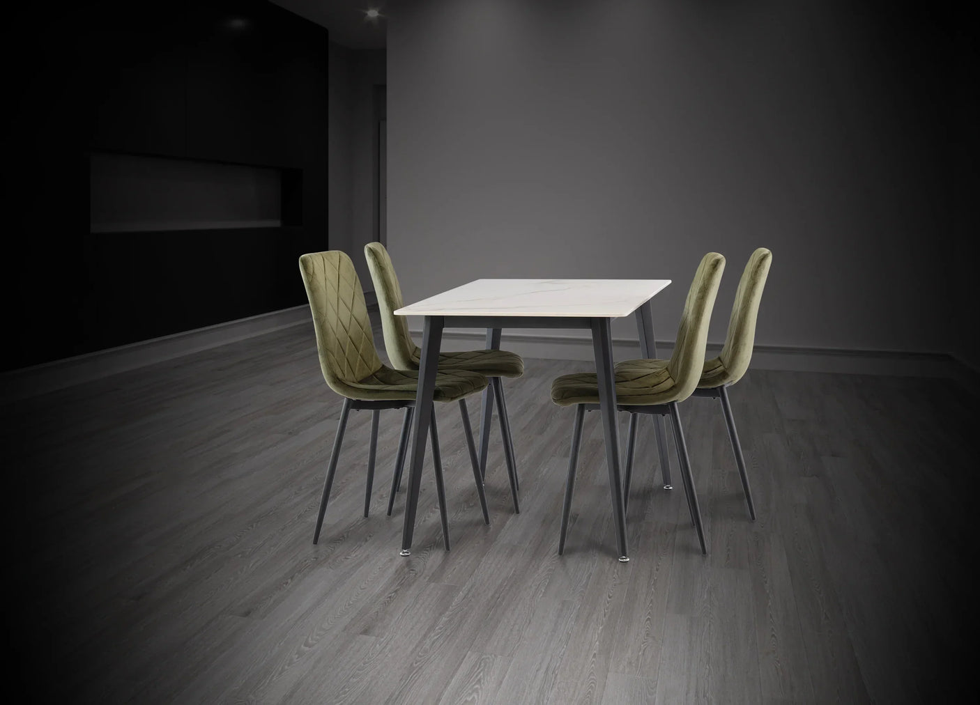 Modern dining set with four olive velvet chairs and marble effect table on grey wood floor
