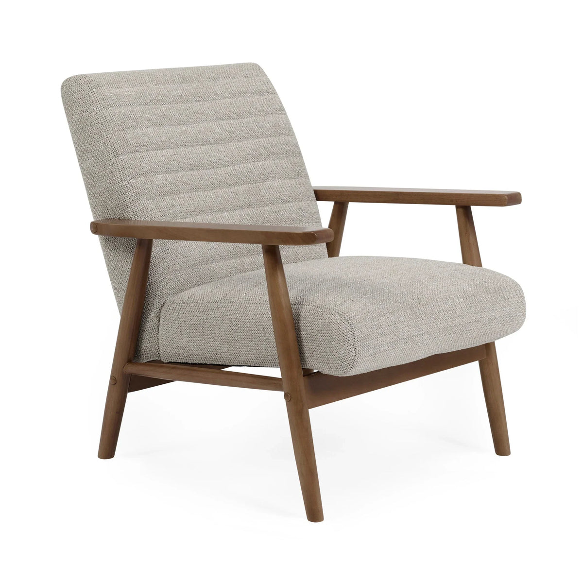 Light grey upholstered armchair with wooden frame and angled legs on white background