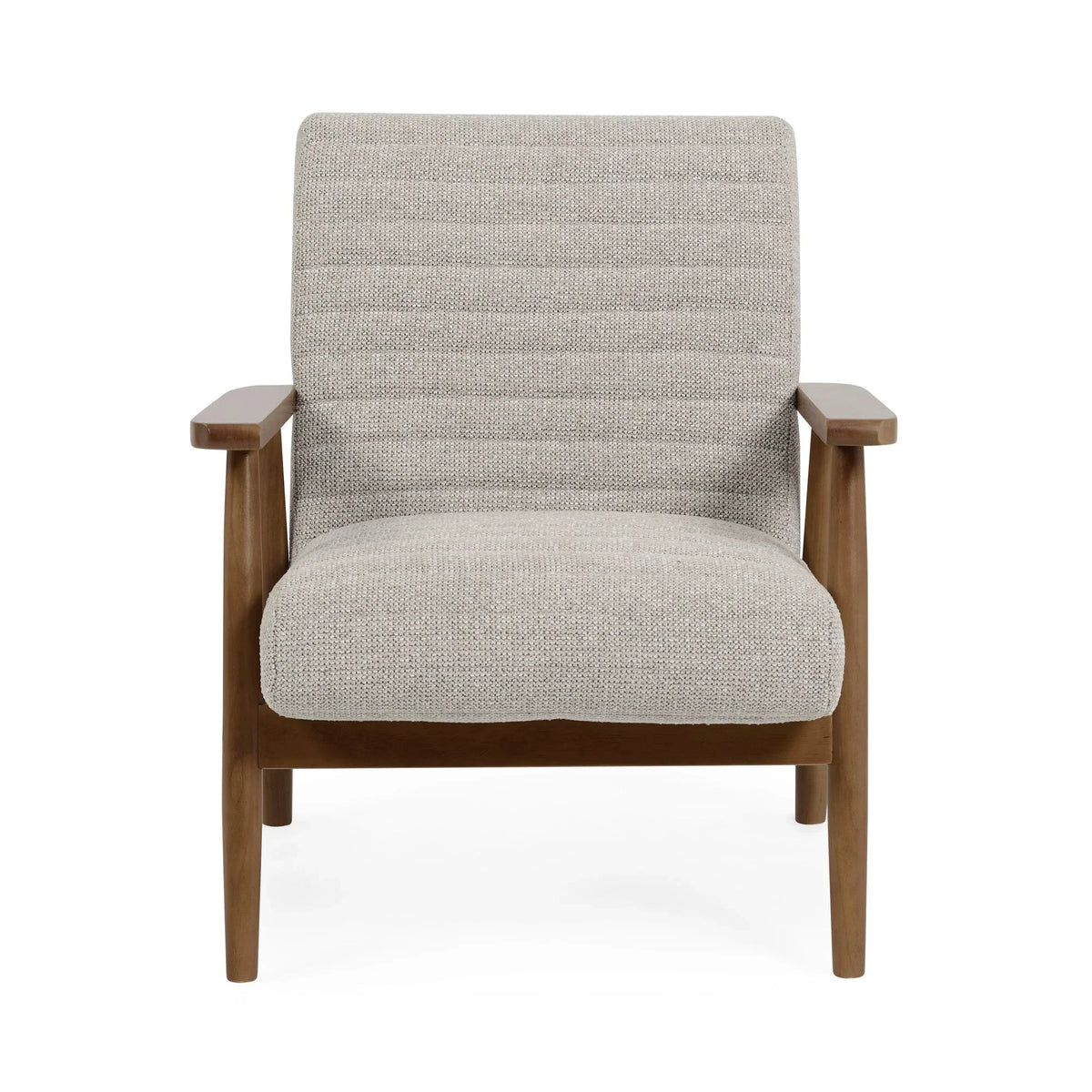 Front view of grey fabric armchair with wooden frame and armrests