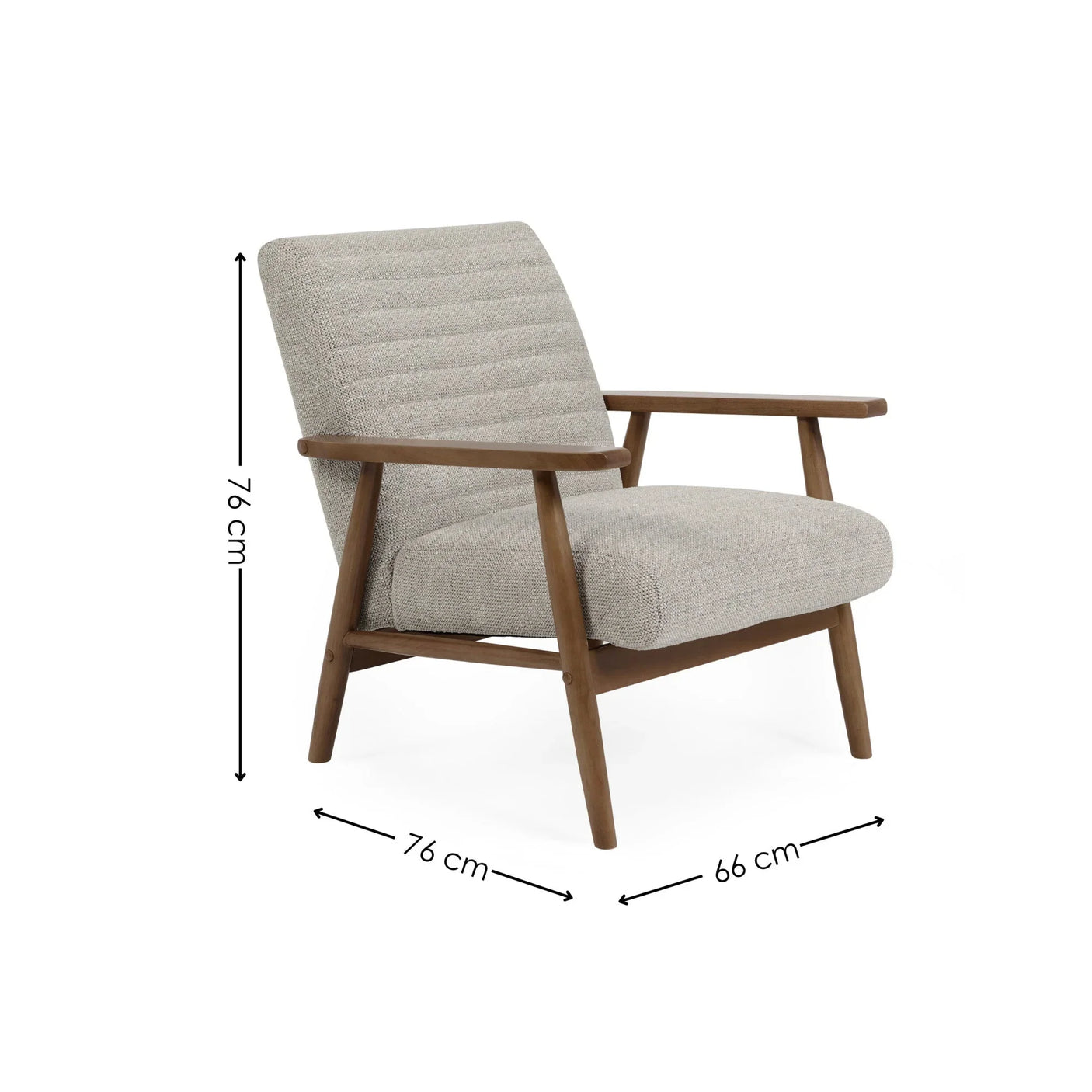 Light grey fabric armchair with wooden frame, angled view, size 76 x 66 x 76 cm