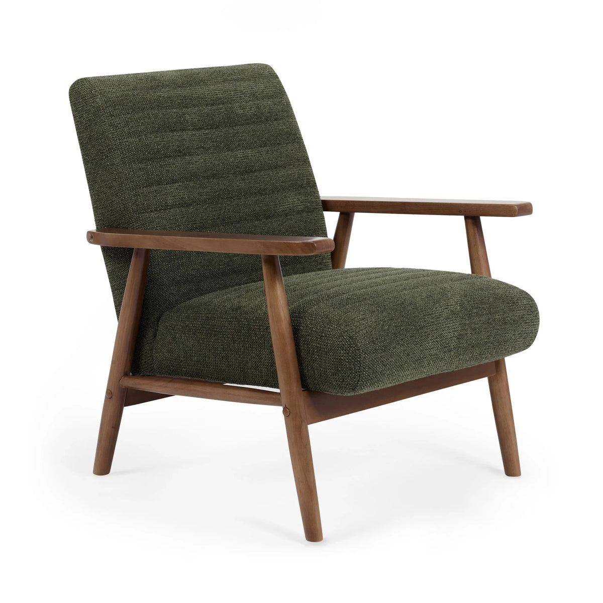 Green fabric accent chair with wooden frame and armrests, angled side view