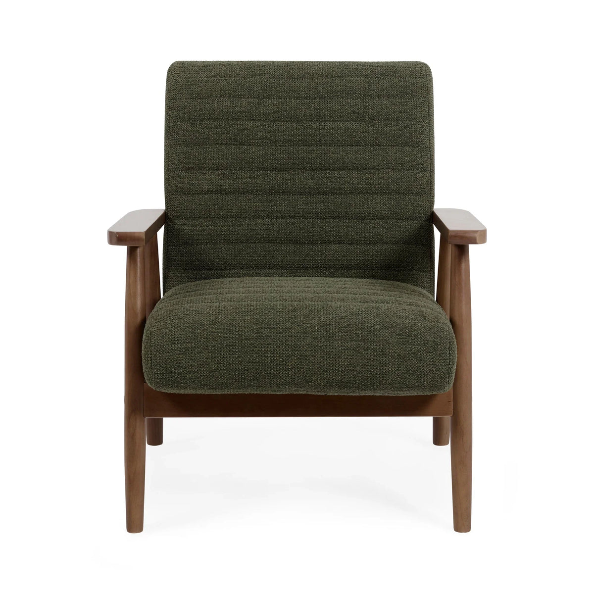 Green fabric accent chair with wooden arms and legs, front view
