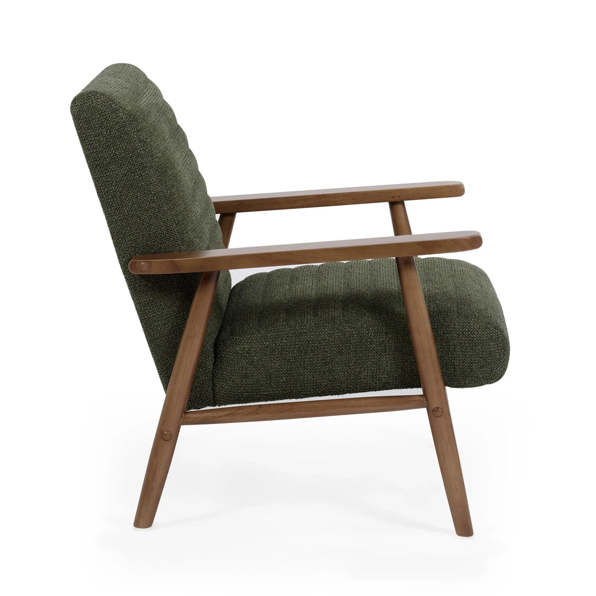 Green fabric accent chair with wooden arms and legs, side profile view