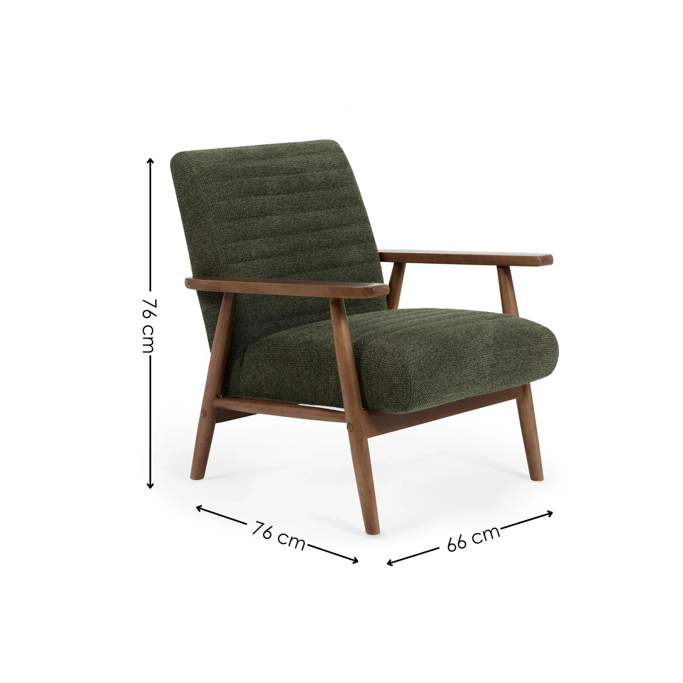 Green upholstered armchair with wooden frame, angle view, 76 x 76 x 66 cm dimensions