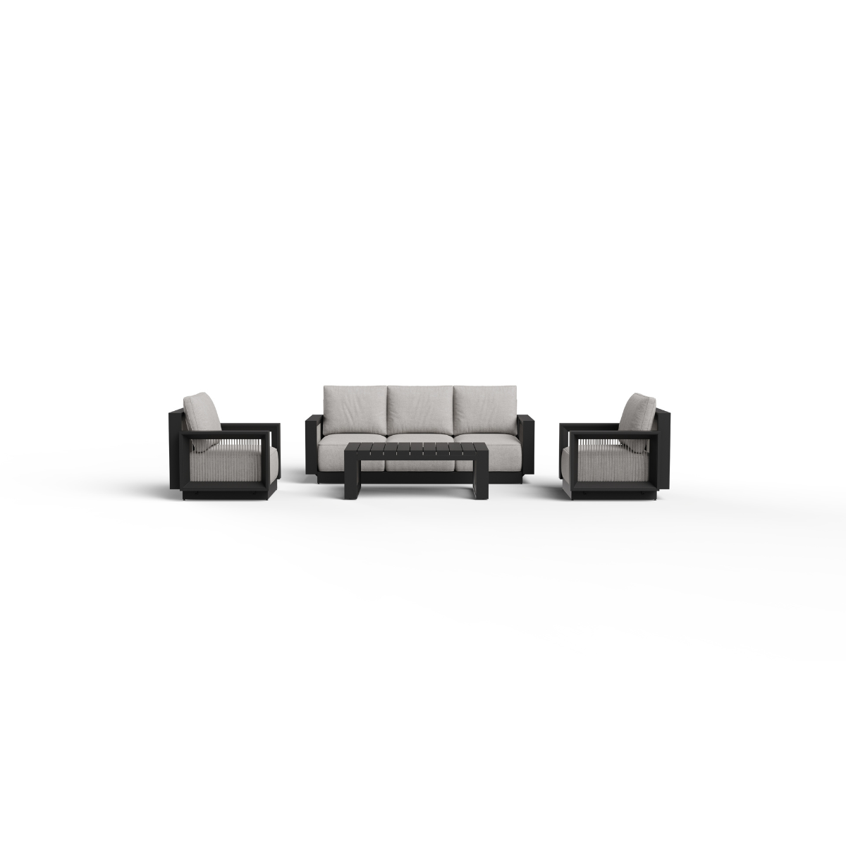 Black metal frame seating set with light grey cushions and matching coffee table