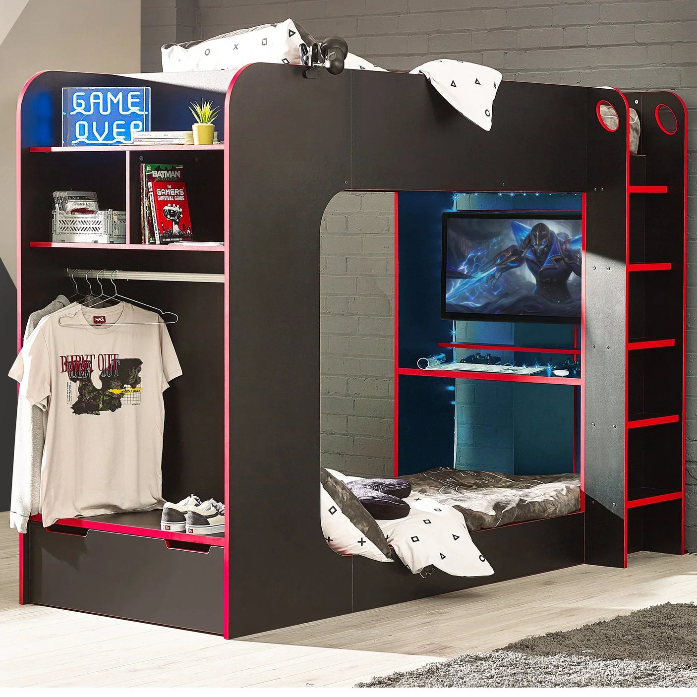Black gaming bunk bed with red trim, built-in desk, TV, shelf storage, and clothing rail