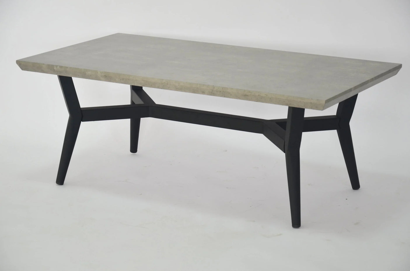 rectangular coffee table with grey stone top and black metal legs on white background
