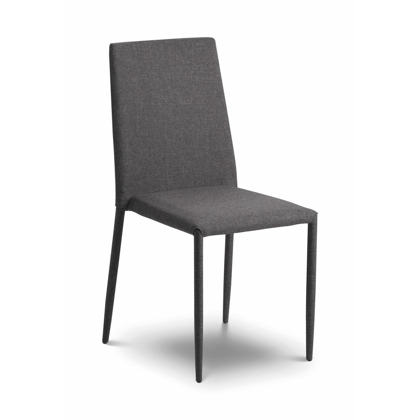 dark grey fabric dining chair with slim legs and angled backrest on white background