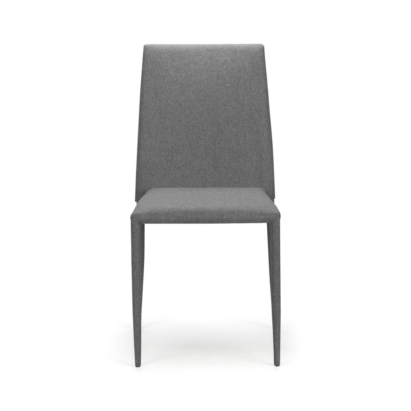Modern grey fabric dining chair with high backrest and slim legs on white background