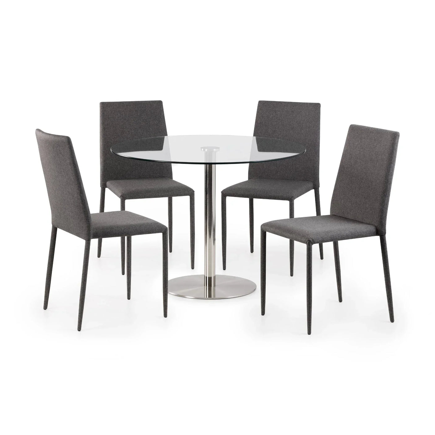 Round glass dining table with chrome base and four grey upholstered dining chairs