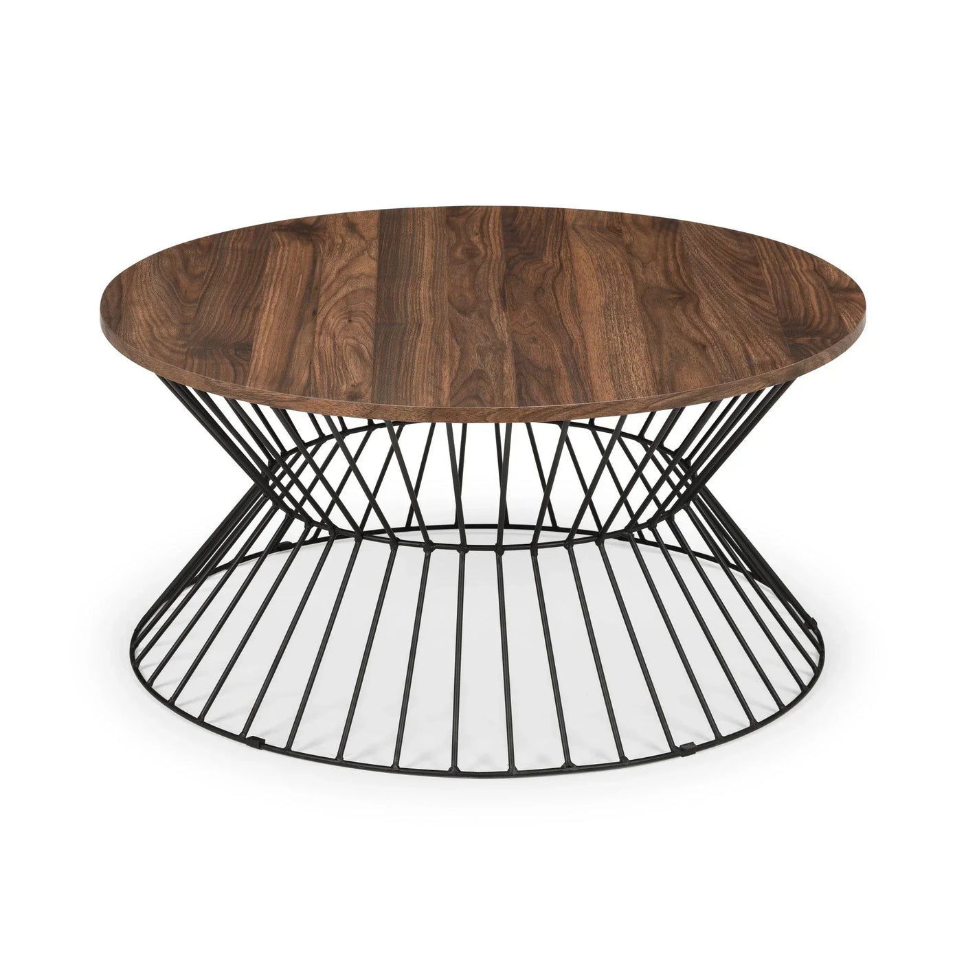 Round coffee table with dark wood top and black metal wire base on white background