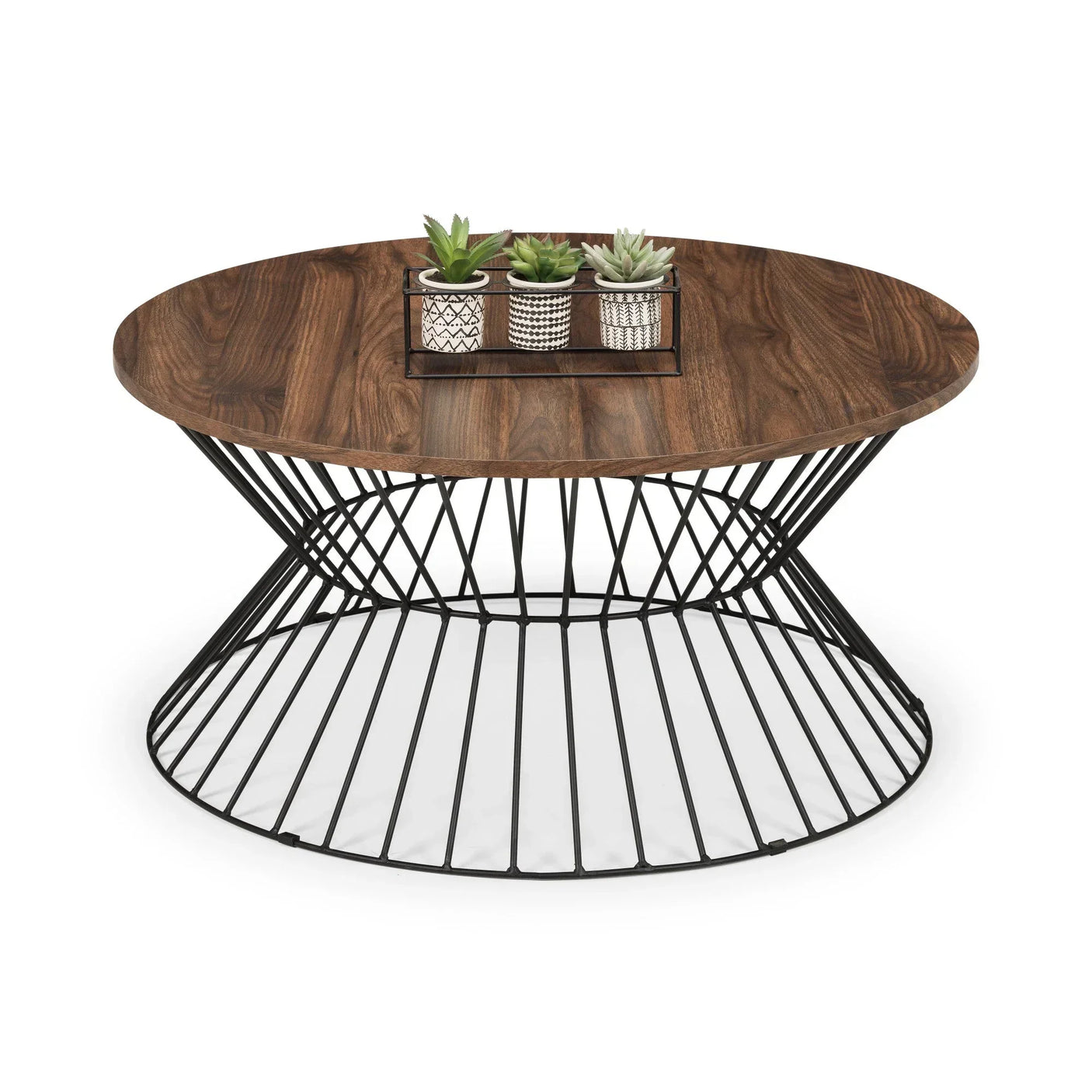 Round coffee table with walnut wood top, black metal base, and potted succulents on top
