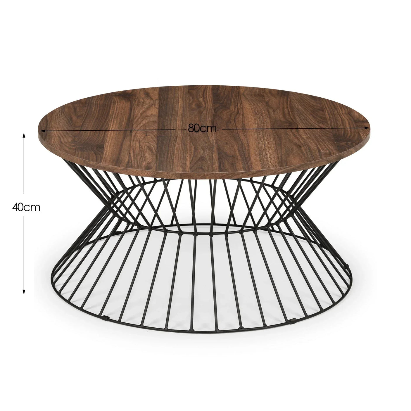 Round coffee table with walnut wood top and black metal wire base, dimensions 80x40cm