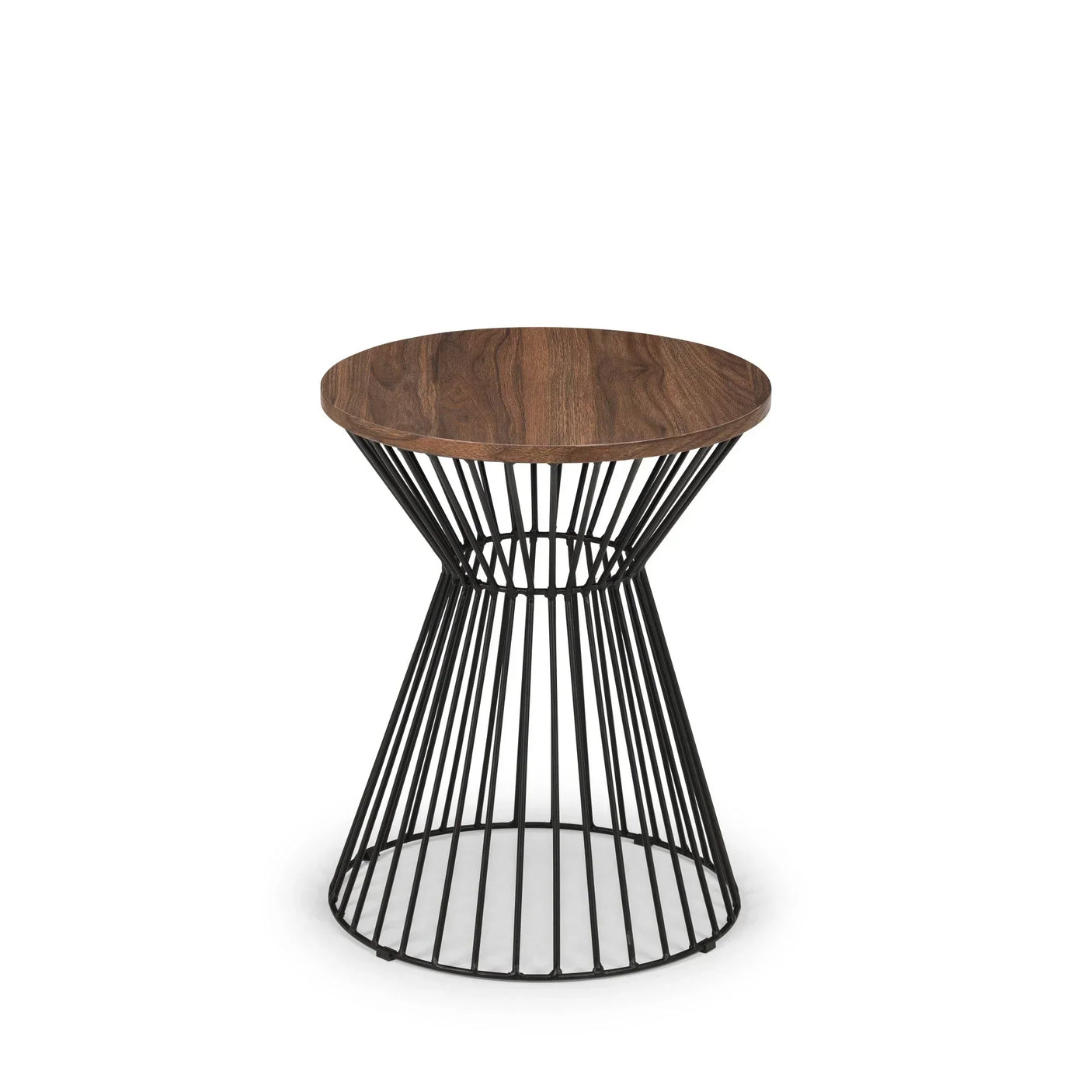 Round side table with dark wood top and black metal wire base