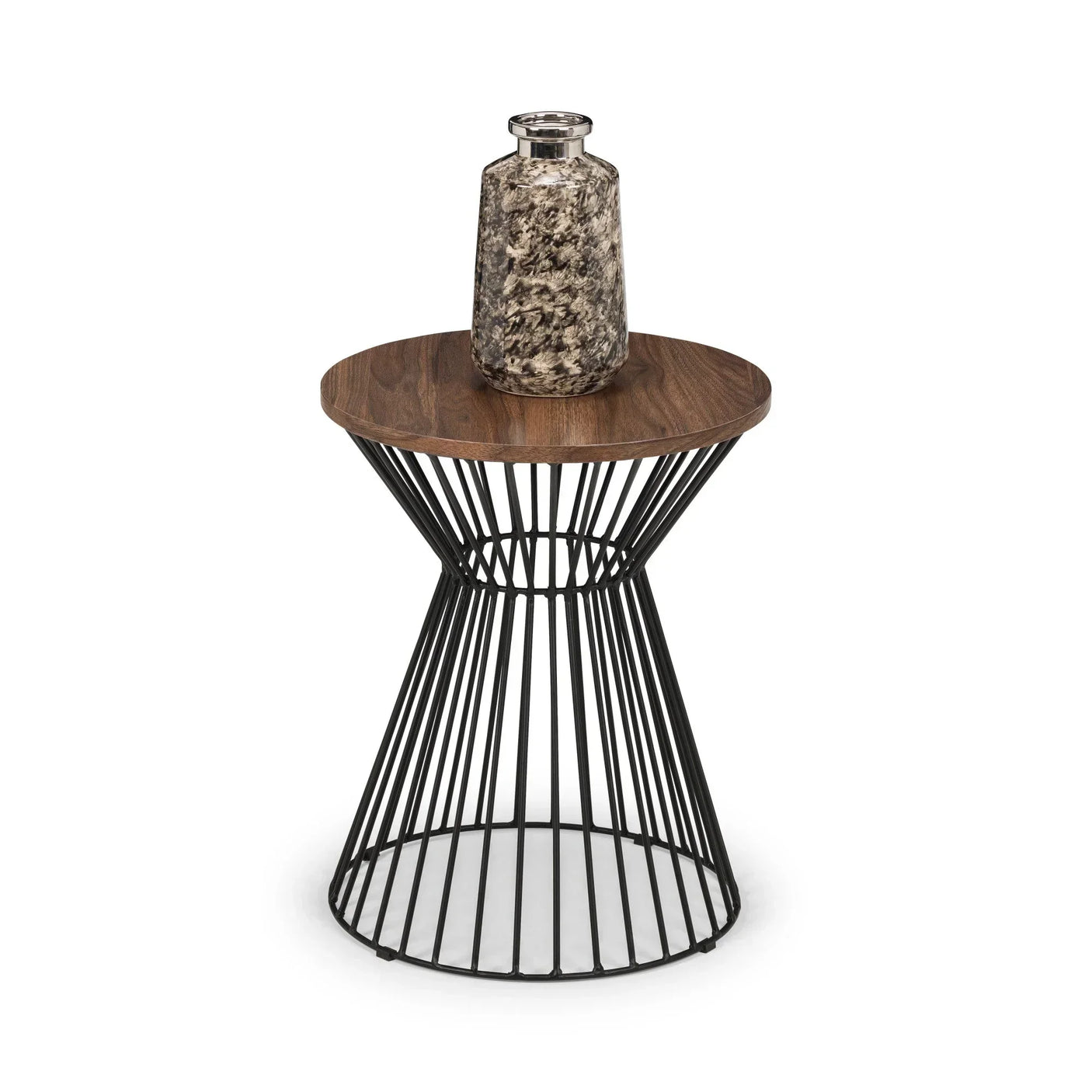 Round side table with wire metal base and wood top, decorative vase placed on surface