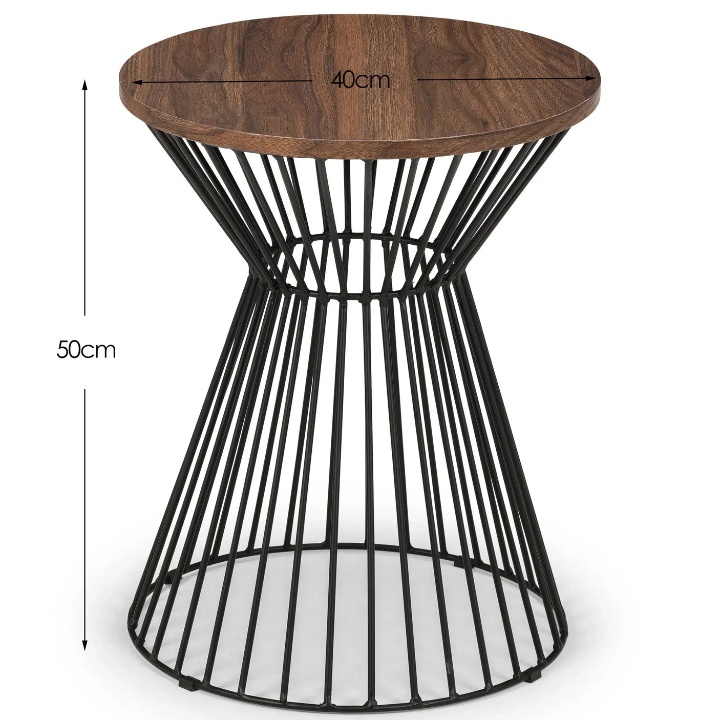 Round side table with 40cm wooden top and black metal wire base, 50cm tall