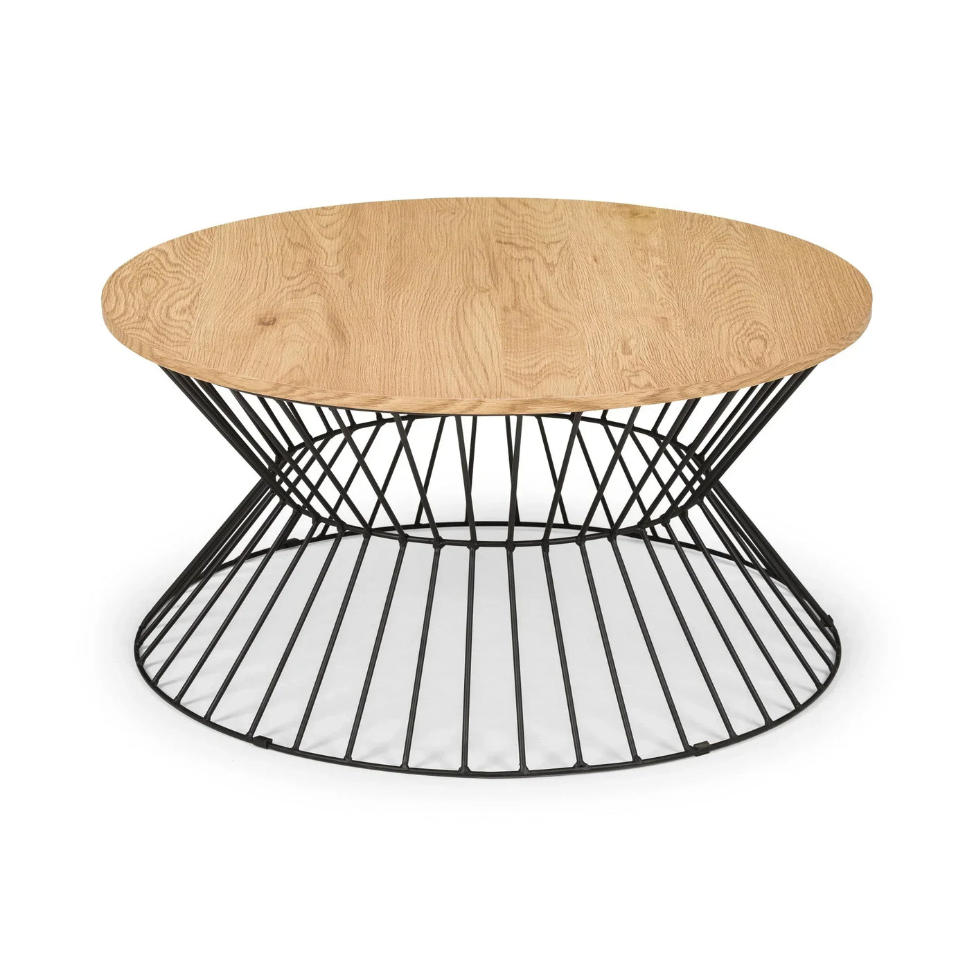 Round coffee table with oak wood top and black metal wire base