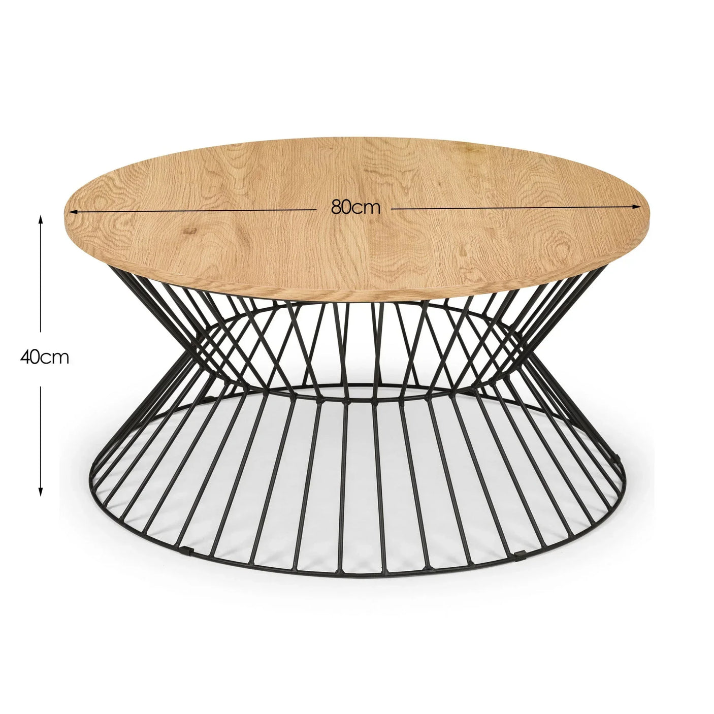 Round coffee table with wood top and black metal wire base, 80cm diameter, 40cm high