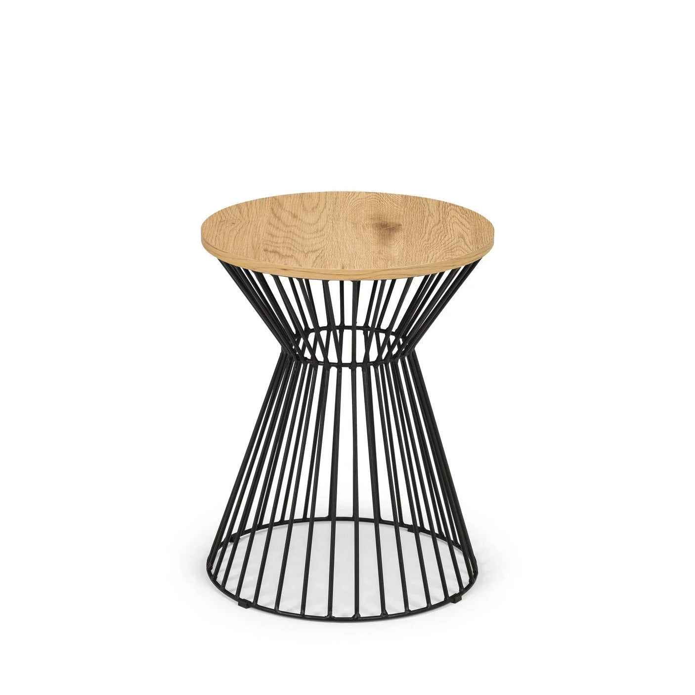 Round side table with light wood top and black metal wire base
