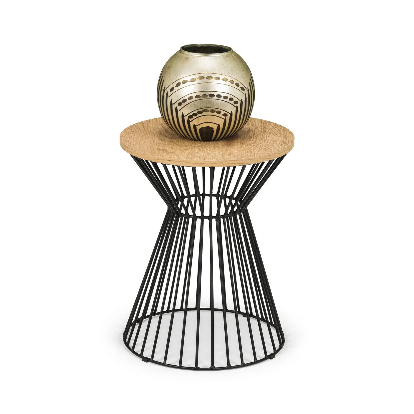 Round side table with light wood top, black metal wire base and decorative vase display