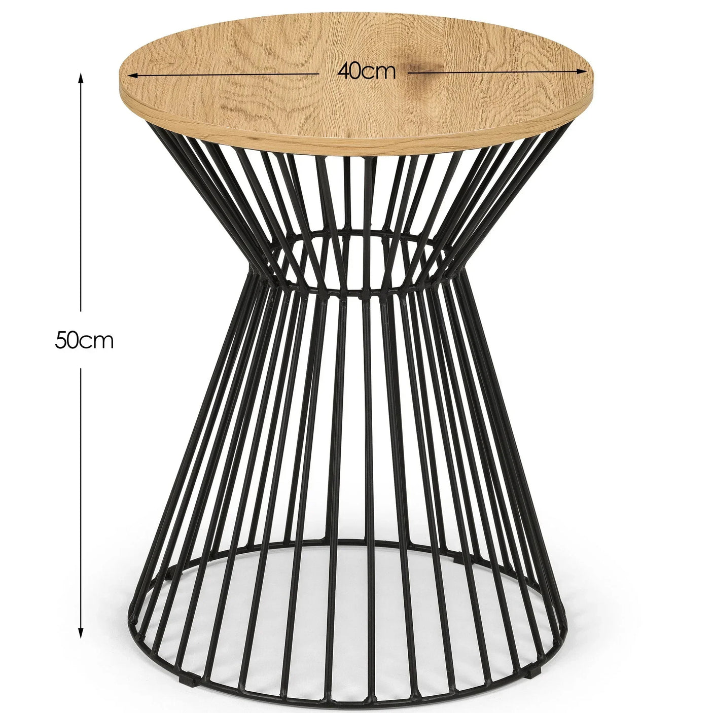 Round side table with oak wood top and black metal wire base, 40cm diameter, 50cm high