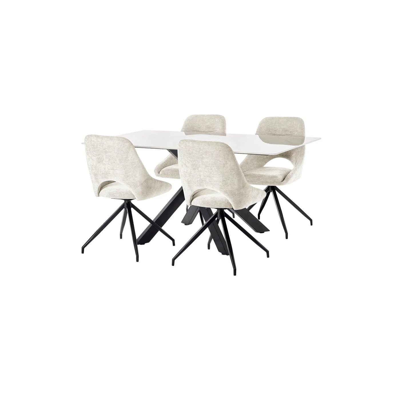 Modern dining table with white top and four beige fabric chairs with black metal legs