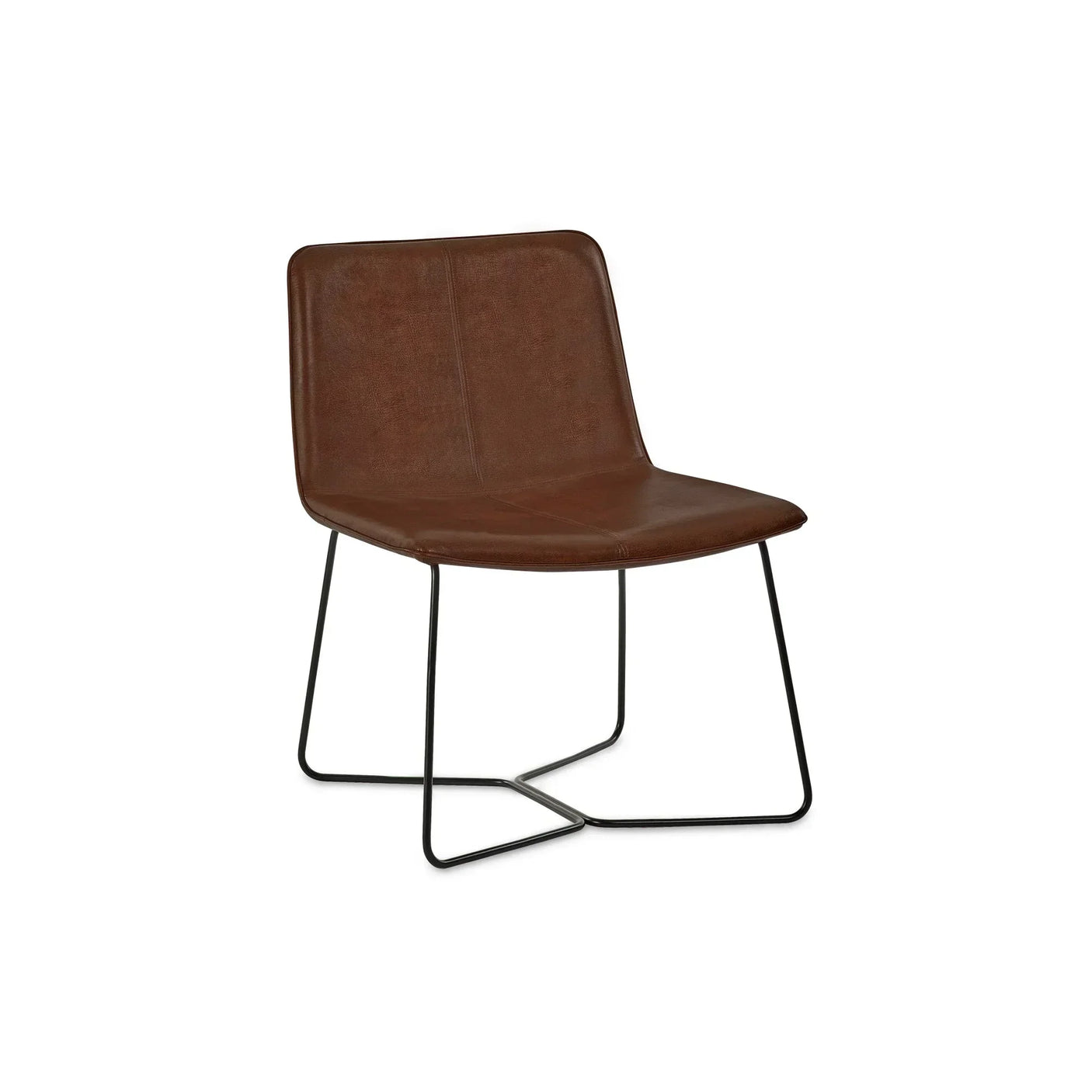 Brown leather accent chair with slim black metal legs on white background