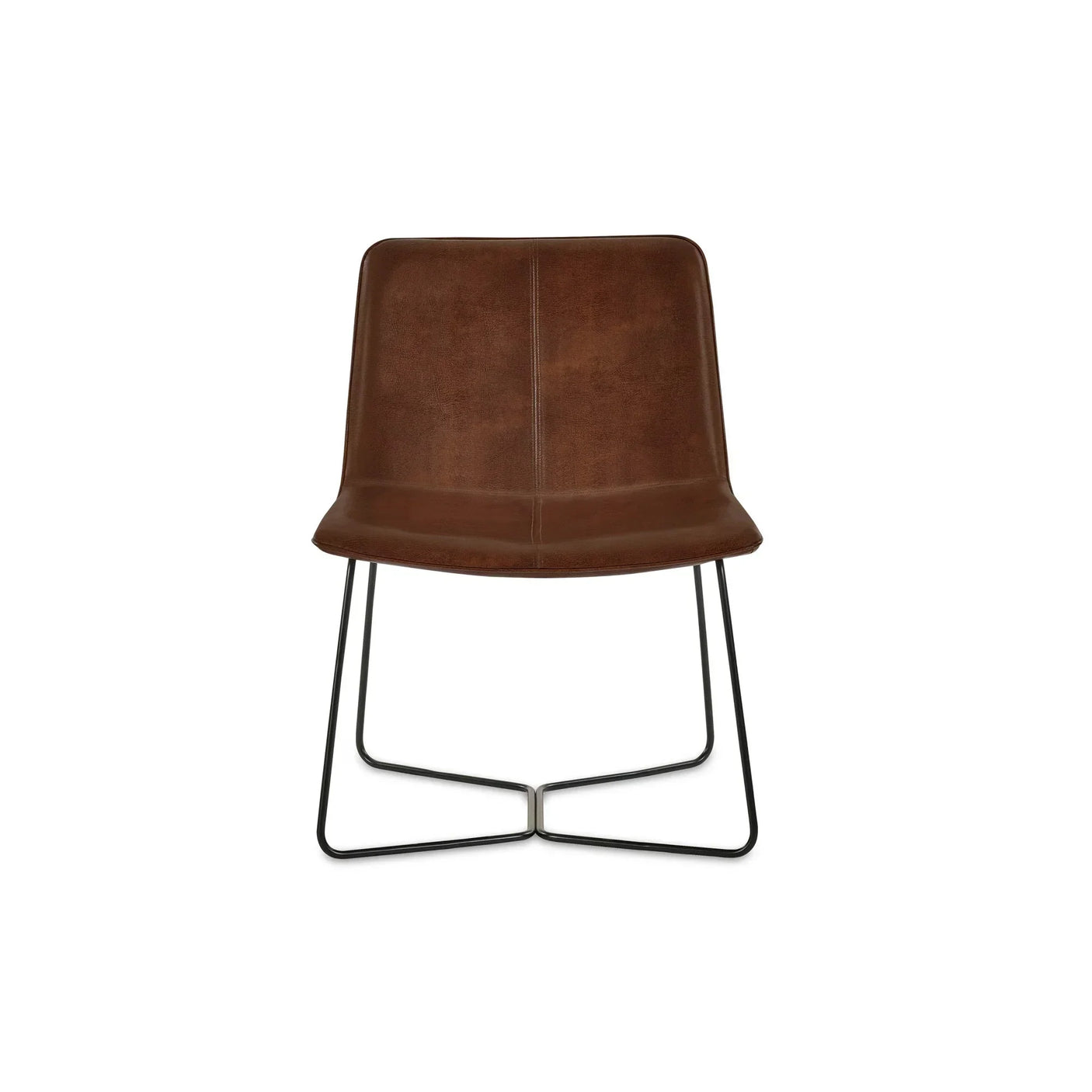 Brown leather dining chair with metal legs shown from the front on white background