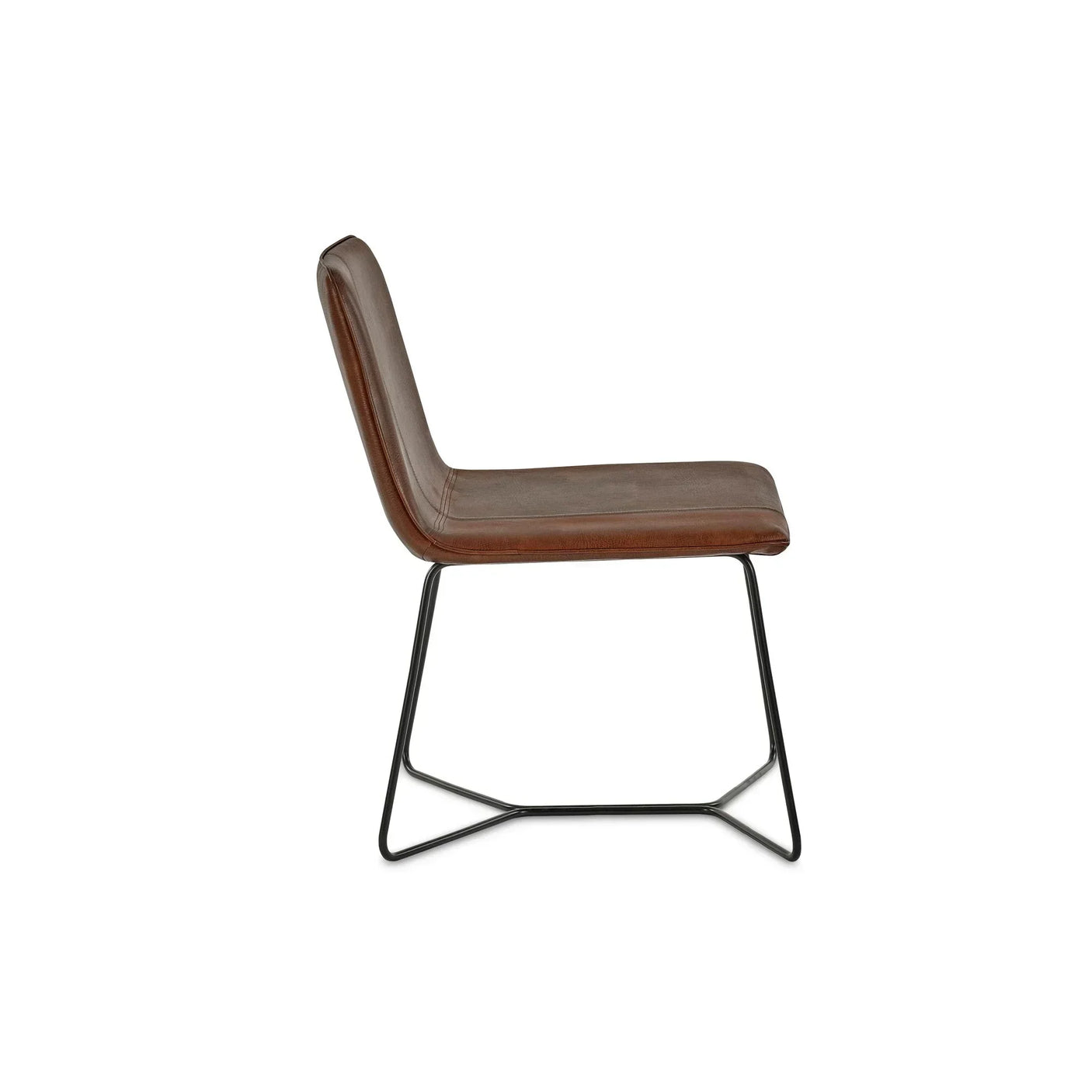 Brown leather dining chair with black metal sled base side view