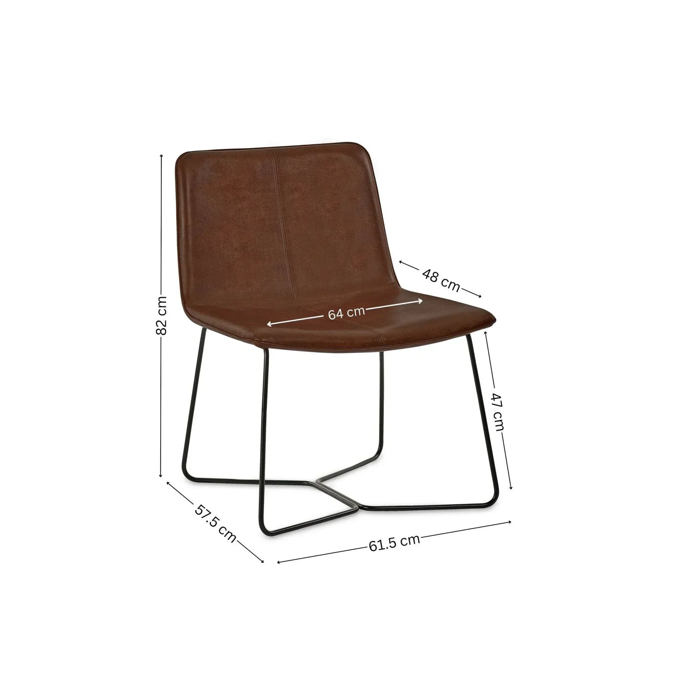 Brown leather accent chair with metal legs and visible seat dimensions